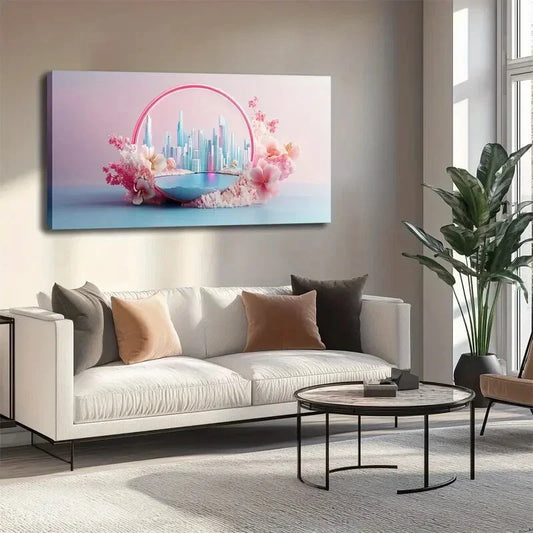 Neon Rings And Pink Flowers Wall Art canvas office home room framed 120x60cm