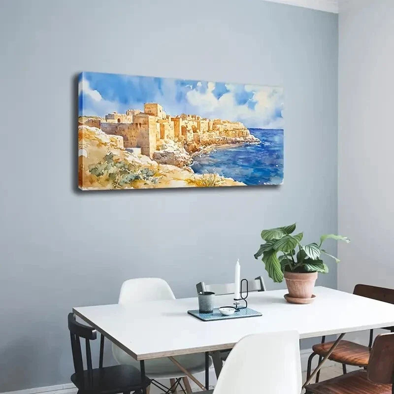 Ancient Coastal Building Wall Art Canvas Office Home Room Framed 120x60cm