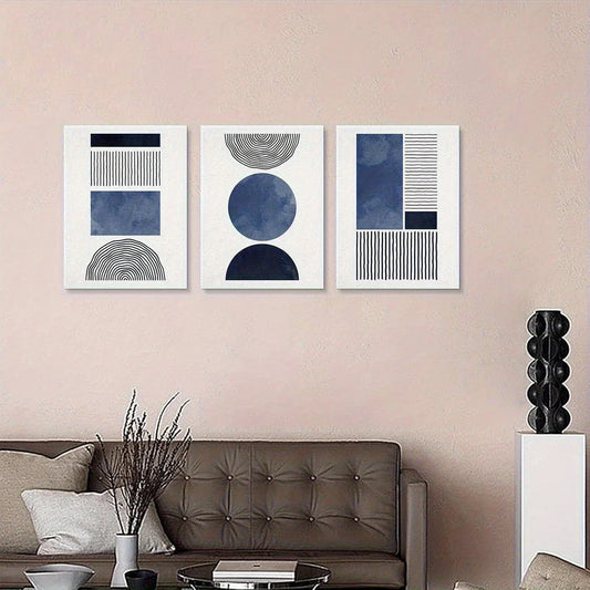 3pcs Modern Geometric Bohemian Abstract Black Blue Metal Print Ready to Hang Art