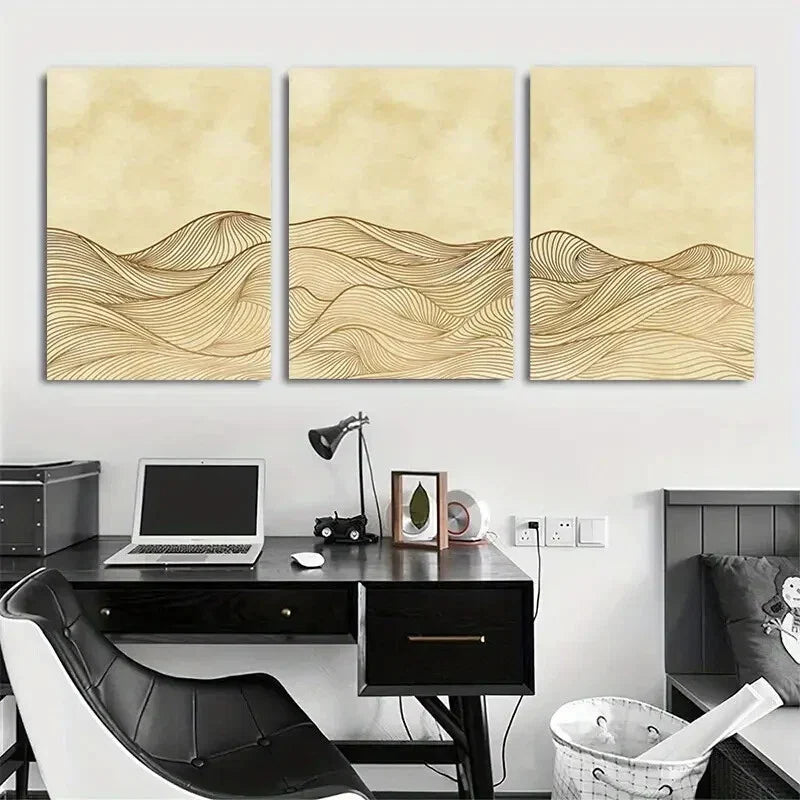 3pcs Wave Line Modern Beige Elegant Metal Print Ready to Hang Art