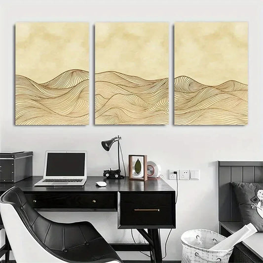 3pcs Wave Line Modern Beige Elegant Metal Print Ready to Hang Art