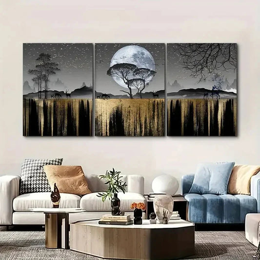3pcs  Elk & Moonlight Scenery, Metal Print Ready to Hang Art