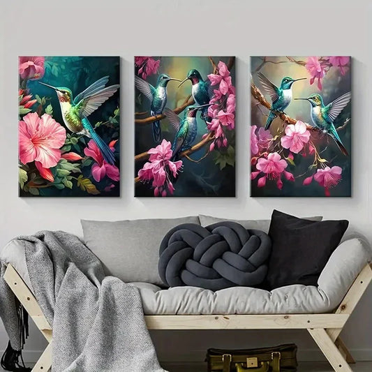 3pcs Vibrant Pink Floral Hummingbird Metal Print Ready to Hang Art
