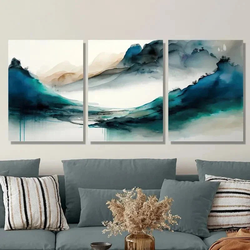 3pcs Green mountains in the fog Metal Print Ready to Hang Art