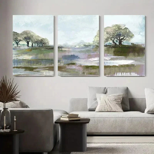 3pcs Soft Pastel Brushstrokes with Trees & Water Metal Print Ready to Hang Art