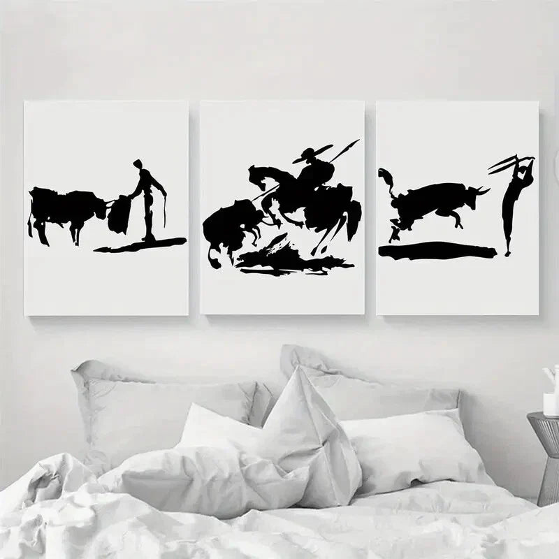 3pcs Bull Silhouette Classic Modern Style Metal Print Ready to Hang Art