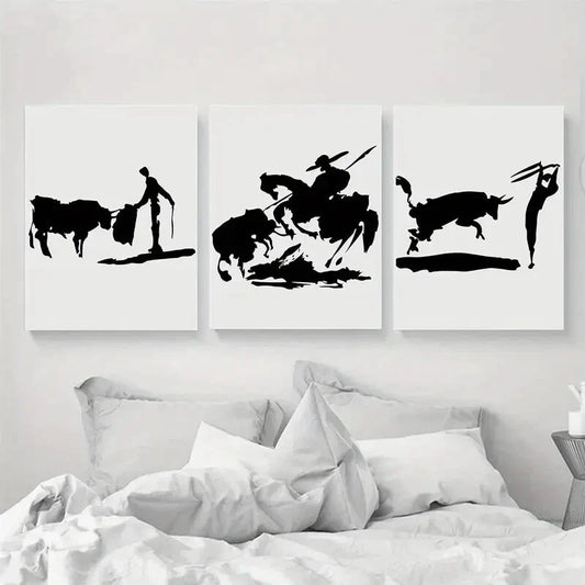 3pcs Bull Silhouette Classic Modern Style Metal Print Ready to Hang Art