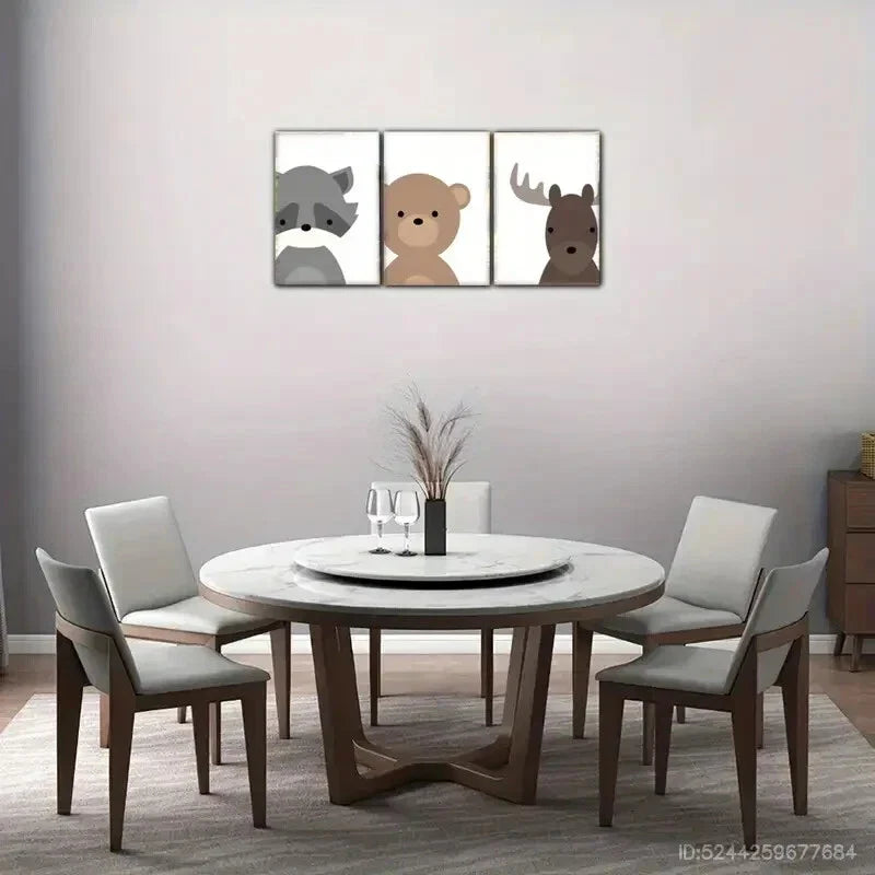 3pcs Raccoon Bear Sika Deer Elegant Metal Print Ready to Hang Art