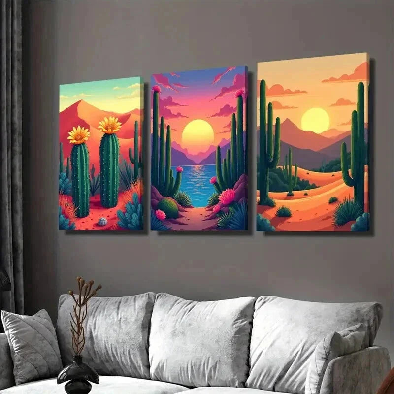 3pcs Vibrant Cactus Sunset Oasis Triptych Wall Art Set Canvas Framed 40x60cm - High Quality Print 100% Australian Made Wall Canvas Ready to Hang