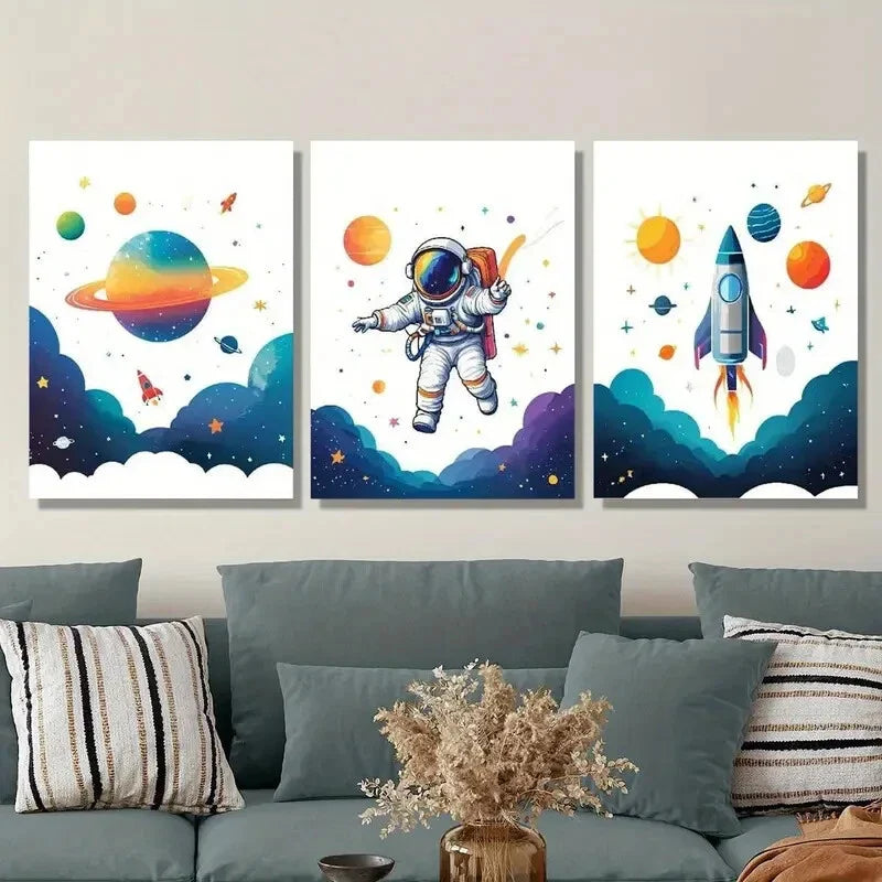 3pcs Cute astronaut, traveling on the planet, Metal Print Ready to Hang Art