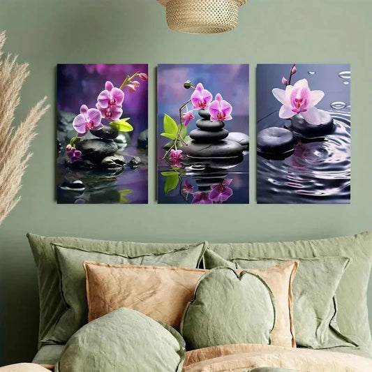 3pcs Pink Orchids & Serene Water Scenes Metal Print Ready to Hang Art