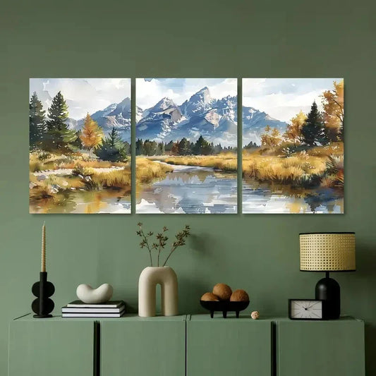 3pcs Grand Teton National Park Watercolor Metal Print Ready to Hang Art