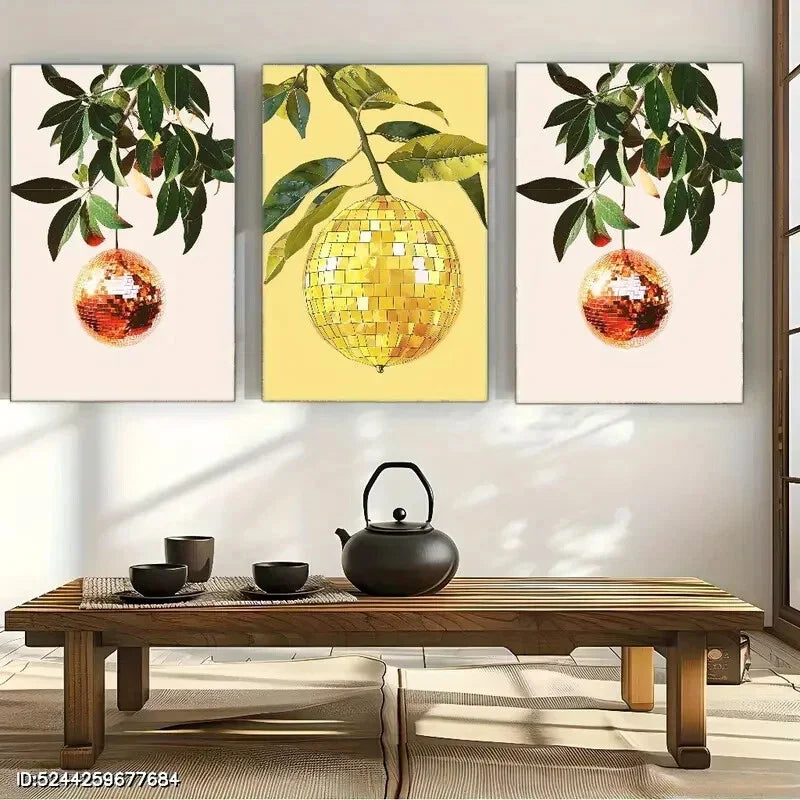 3pcs Disco Ball Disco Orange Art Pink Disco Bar Metal Print Ready to Hang Art