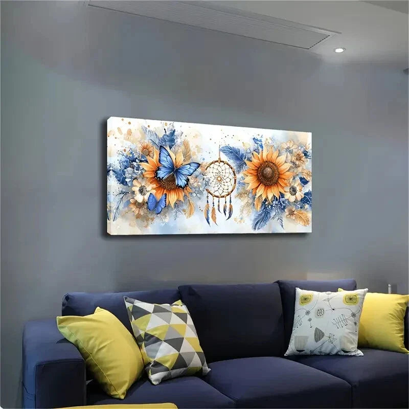 Two Blue Butterflies Sunflower Wall Art Canvas Office Home Room Framed 120x60cm