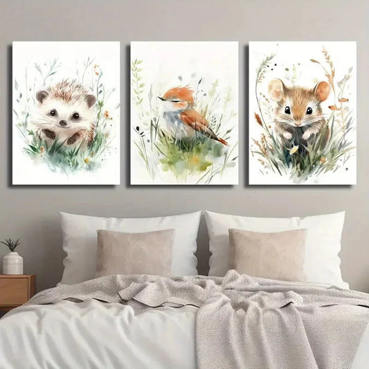 3pcs Cartoon Cute Hedgehog and Bird Mouse Metal Print Ready to Hang Art