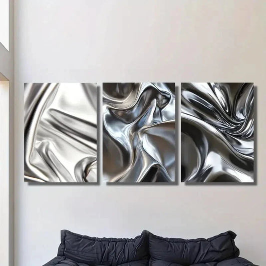 3pcs , Silver Glossy Liquid Metal Style Metal Print Ready to Hang Art