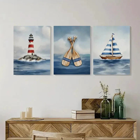 3pcs Lighthouse Sailboat & Oars Ocean Metal Print Ready to Hang Art