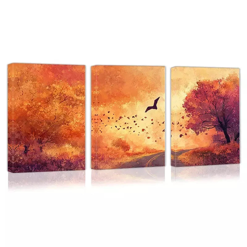 3pcs  Vibrant Autumn Path, Trees & Bats Scene Wall Art Set Canvas Framed 40x60cm - High Quality Print 100% Australian Made Wall Canvas Ready to Hang