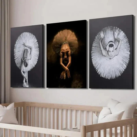 3pcs Graceful Ballerinas in Black White & Gold Wall Art Set Canvas Framed 40x60cm - High Quality Print 100% Australian Made Wall Canvas Ready to Hang