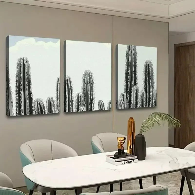 3pcs Cactus Black & White Abstract Canvas Framed 40x60cm - High Quality Print 100% Australian Made Wall Canvas Ready to Hang