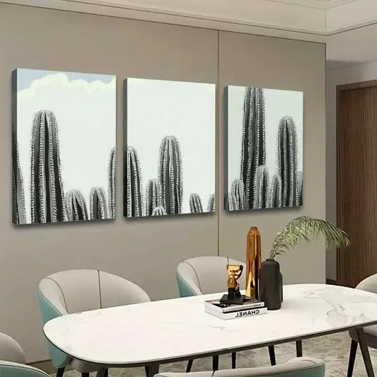 3pcs Cactus Black & White Abstract Canvas Framed 40x60cm - High Quality Print 100% Australian Made Wall Canvas Ready to Hang