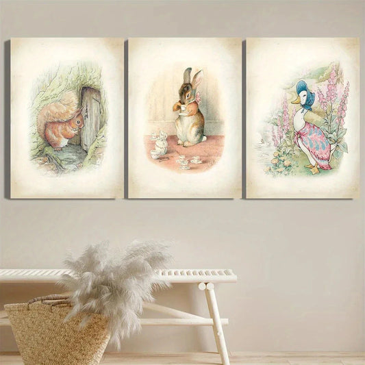 3pcs Squirrel Rabbit Duck Vintage Animal Metal Print Ready to Hang Art