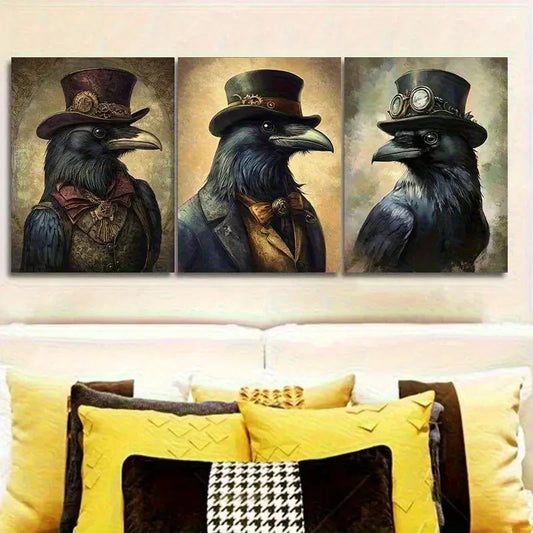 3pcs Steampunk Black Crow Top Luxury Fabric Hat Metal Print Ready to Hang Art