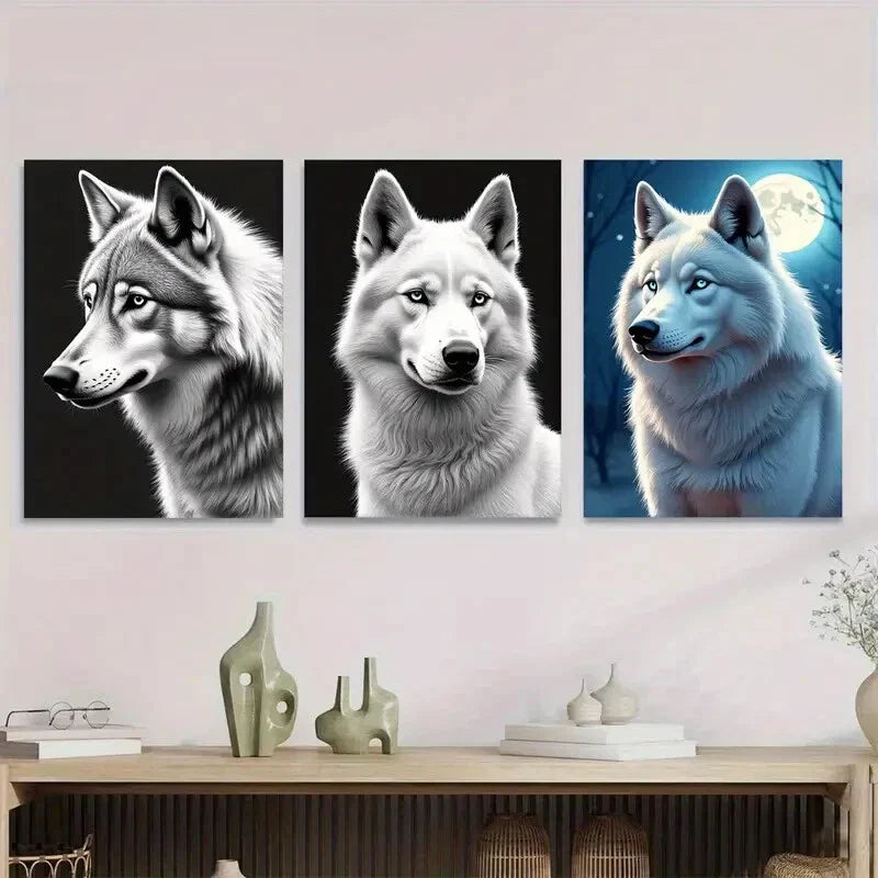 3pcs Black White Wolf with Stunning Blue Eyes Wall Art Set Canvas Framed 40x60cm - High Quality Print 100% Australian Made Wall Canvas Ready to Hang