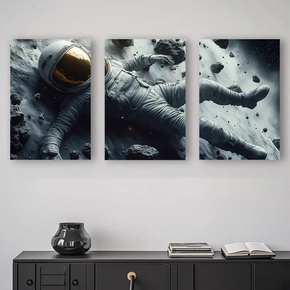 3pcs Astronaut Abstract Space Gray Themed Metal Print Ready to Hang Art