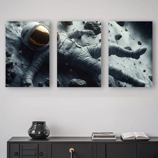 3pcs Astronaut Abstract Space Gray Themed Metal Print Ready to Hang Art