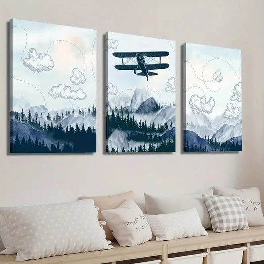 3pcs Airplane Flying Over Mountain and Forest Wall Art Set Canvas Framed 40x60cm - High Quality Print 100% Australian Made Wall Canvas Ready to Hang