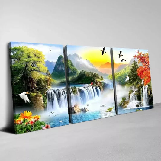 3pcs Peaceful Landscape with Waterfall Painting Wall Art Set Canvas Framed 40x60cm - High Quality Print 100% Australian Made Wall Canvas Ready to Hang