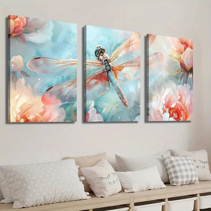 3pcs Vibrant Spring Flowers & Dragonfly Wall Art Set Canvas Framed 40x60cm - High Quality Print 100% Australian Made Wall Canvas Ready to Hang