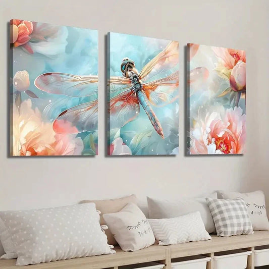 3pcs Vibrant Spring Flowers & Dragonfly Wall Art Set Canvas Framed 40x60cm - High Quality Print 100% Australian Made Wall Canvas Ready to Hang