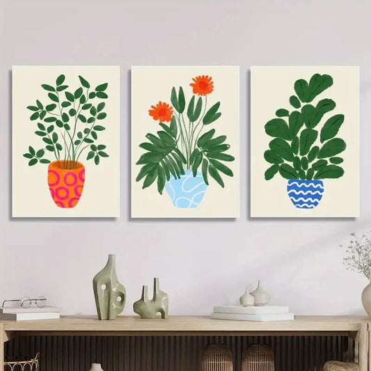 3pcs Tropical Plant Illustrations in Pots, Metal Print Ready to Hang Art