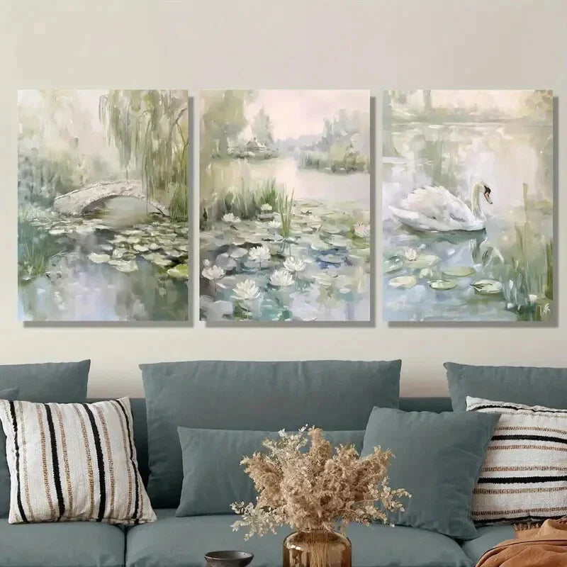 3pcs Pond with Water Lilies, White Swans, Metal Print Ready to Hang Art