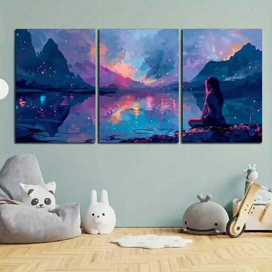 3pcs Colourful Mountain Blue & Pink Metal Print Ready to Hang Art