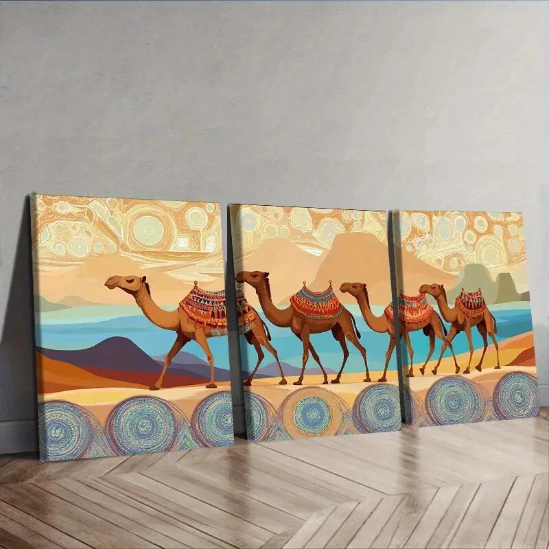 3pcs Decor with Camels, Dunes & Sunset   Wall Art Set Canvas Framed 40x60cm - High Quality Print 100% Australian Made Wall Canvas Ready to Hang