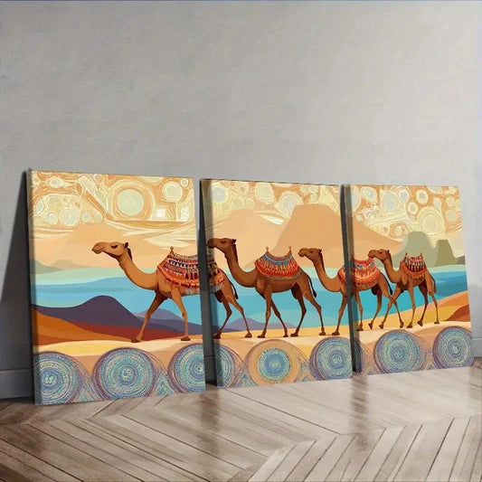 3pcs Decor with Camels, Dunes & Sunset   Wall Art Set Canvas Framed 40x60cm - High Quality Print 100% Australian Made Wall Canvas Ready to Hang