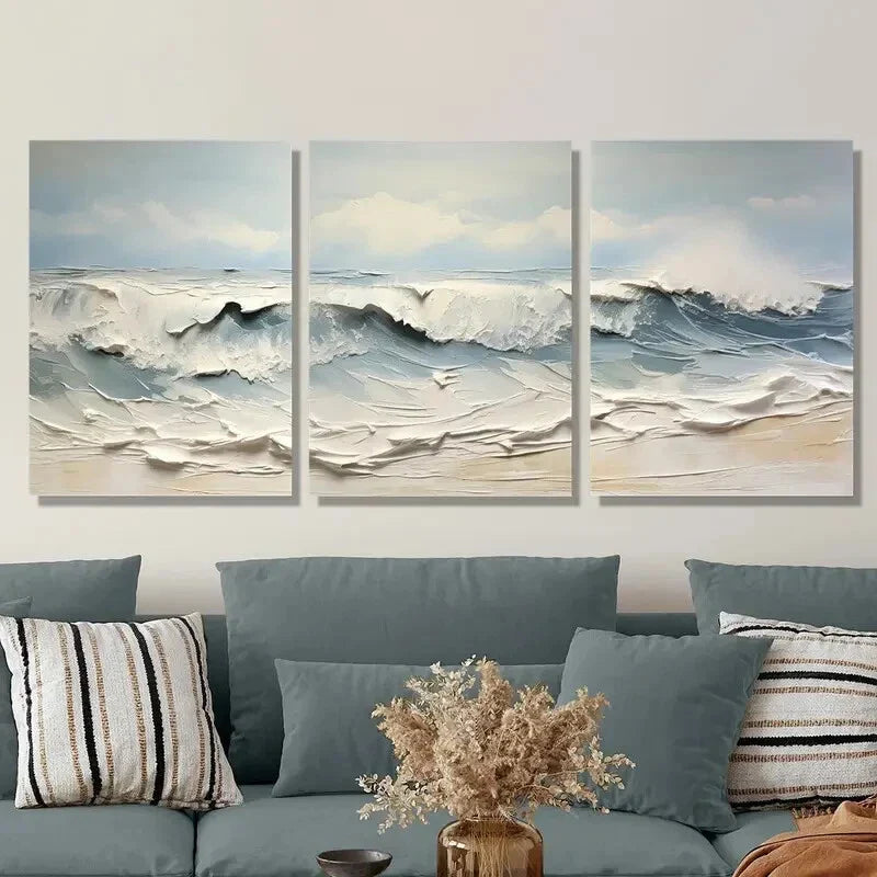 3pcs Abstract Ocean Waves Seascape with Thick Metal Print Ready to Hang Art