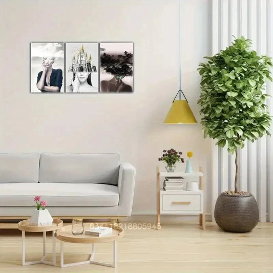 3pcs Surreal Clouds, Buildings & Beauties Collage Metal Print Ready to Hang Art