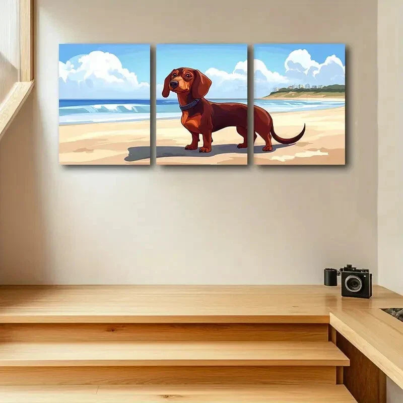 3pcs Adorable Dachshund Puppy on Beach Scene Metal Print Ready to Hang Art