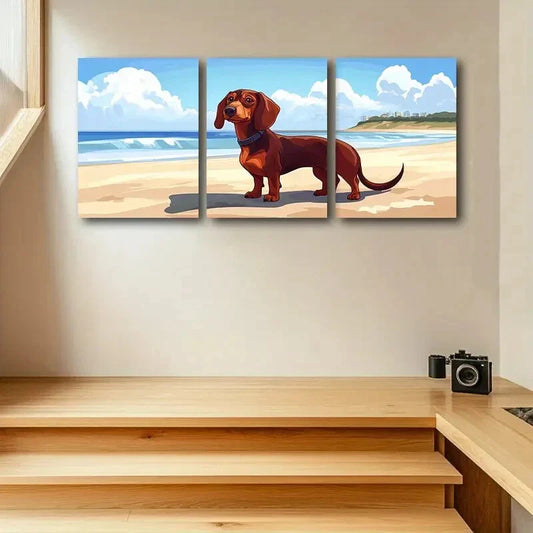 3pcs Adorable Dachshund Puppy on Beach Scene Metal Print Ready to Hang Art