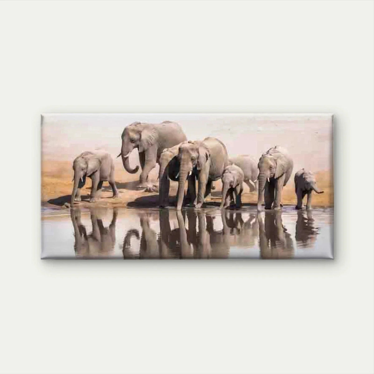 Elephant Herd Drinking Water Wall Art Canvas Office Home Room Framed 80x45cm