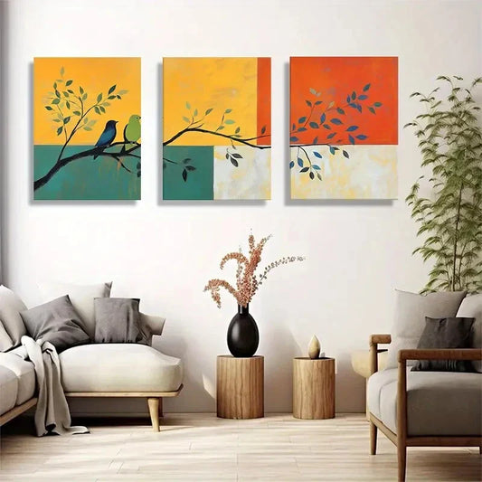 3pcs Nature-Inspired Birds And Branch Abstract Metal Print Ready to Hang Art