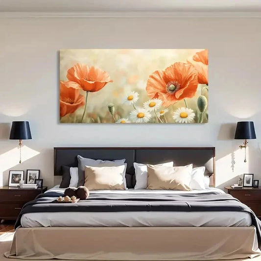 Serene Floral Orange & White Wall Art Canvas Office Home Room Framed 120x60cm