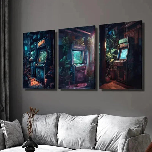 3pcs Retro Arcade Nostalgic Gaming Scenery Wall Art Set Canvas Framed 40x60cm - High Quality Print 100% Australian Made Wall Canvas Ready to Hang