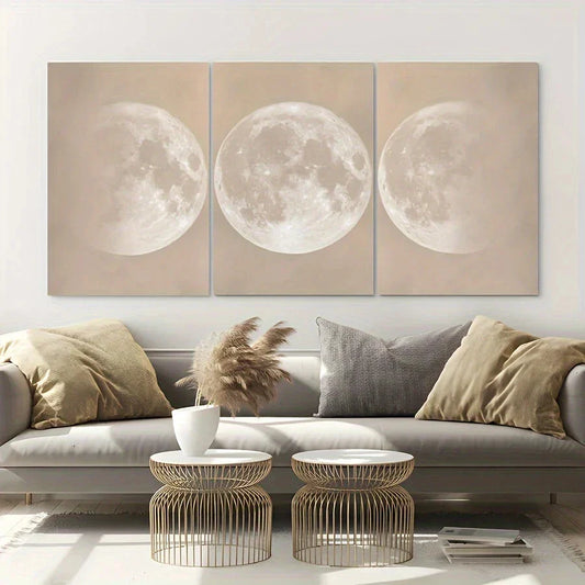 3pcs Full Moon Minimalist Beige and Black Metal Print Ready to Hang Art
