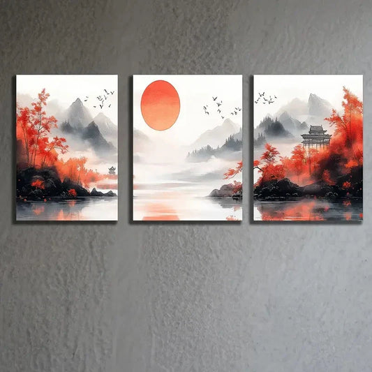 3pcs Vibrant Japanese Landscape with Pagodas Metal Print Ready to Hang Art