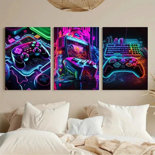 3pcs Gamer Accessories Theme Fabric Printing Metal Print Ready to Hang Art